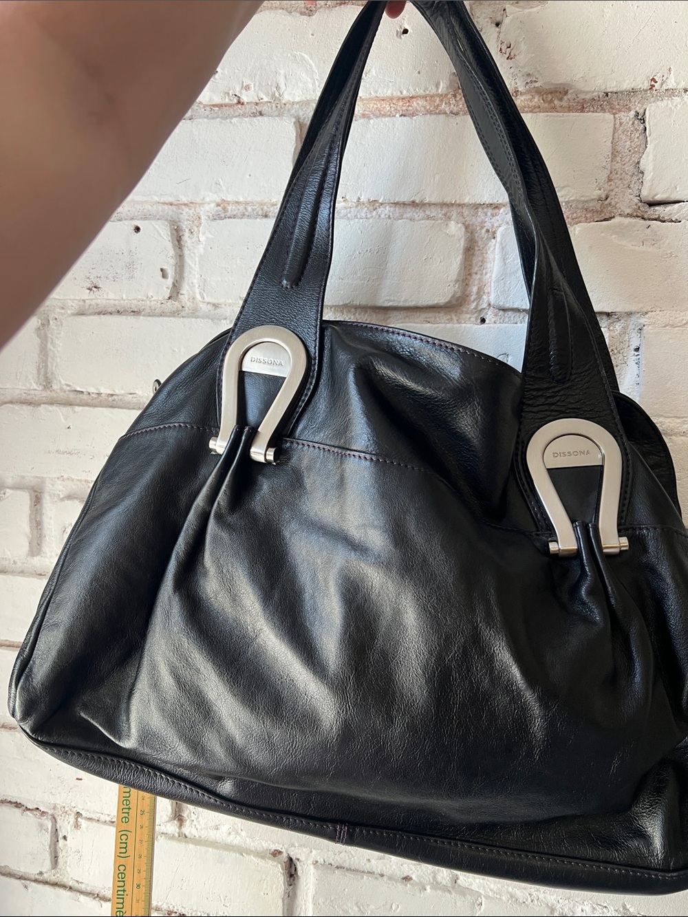 Black Leather Tote Bag with Silver Accents DISSONA SOFT LEATHER